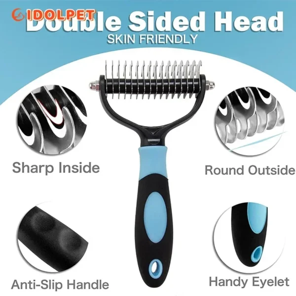 Brosse professionnelle pour démêlage des poils d'animaux, peigne double face pour chiens et chats, râteau, outils de toilettage pour chiots, perte de poils volants – Image 2