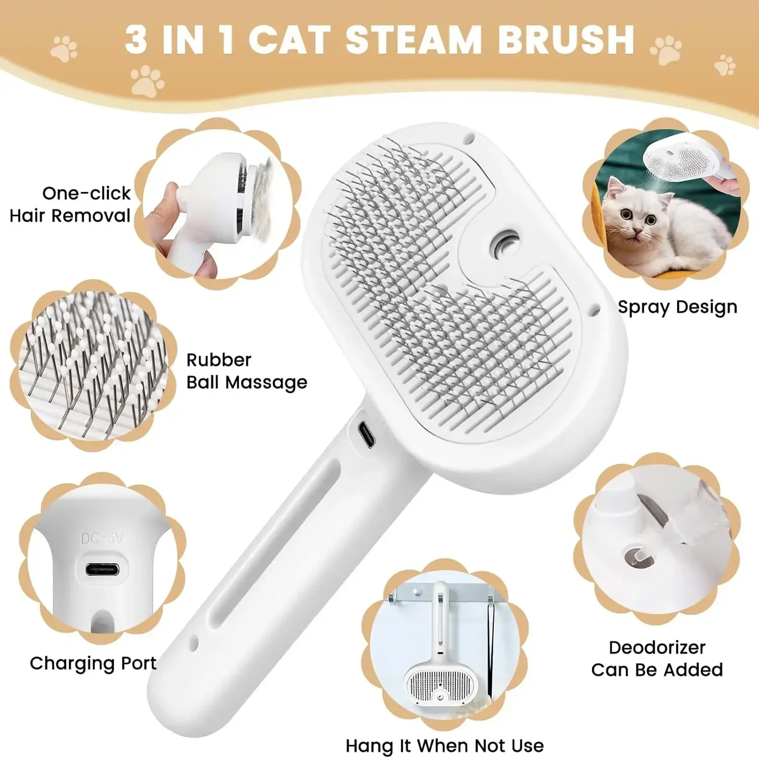 Peigne de toilettage pour animaux de compagnie amélioré, brosse à vapeur flottante pour épilation et nettoyage des poils, accessoire pour chiens et chats – Image 4